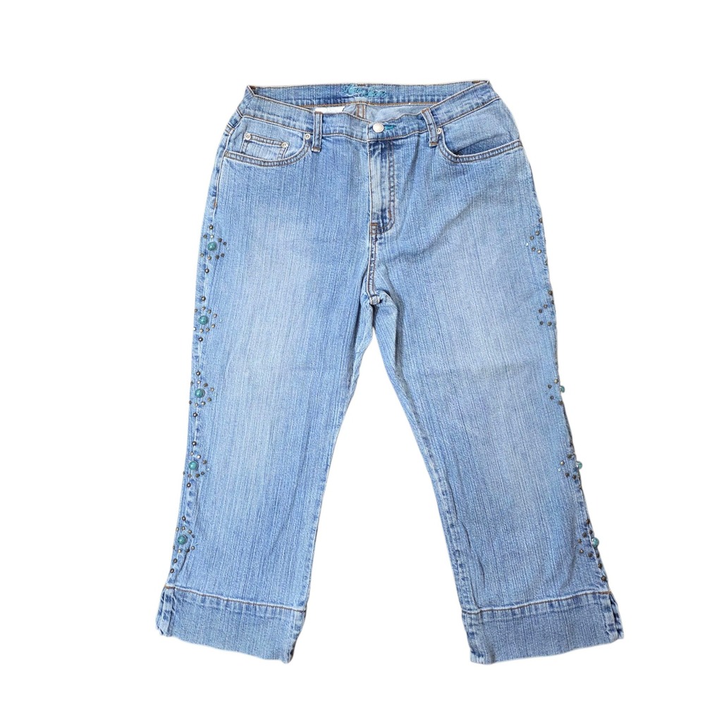 Zena Capri Jeans‎ Beaded Embellished Denim Cropped Light Wash Women's Size 12